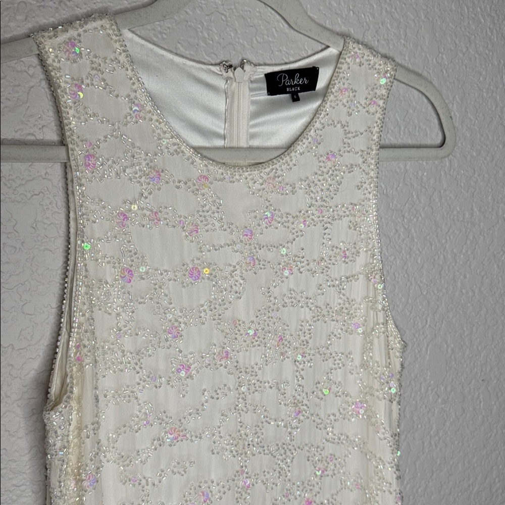 Parker Black White Ivory Mini Dress Size 6 Silk Beaded Bridal Wedding Elegant - Picture 2 of 11